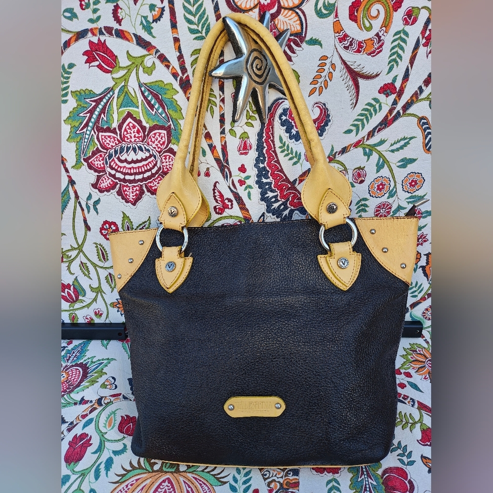 Valentino Black and Buttercream Leather Tote